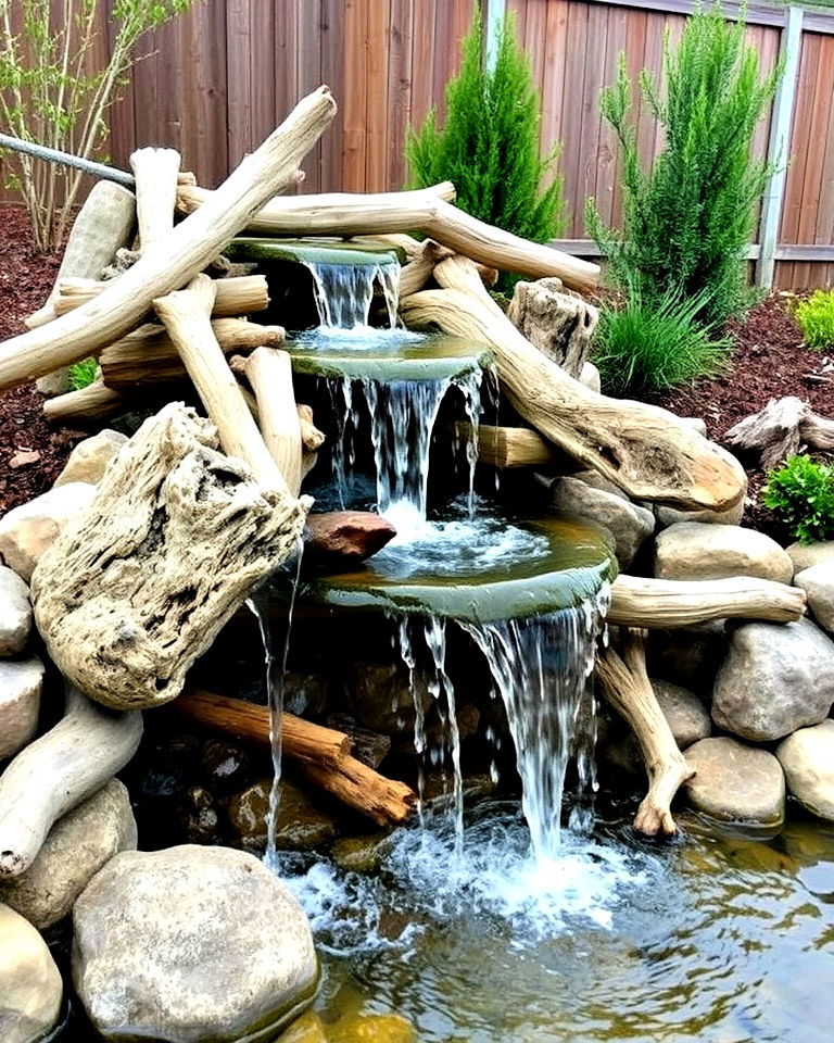 rustic driftwood waterfall for backyard