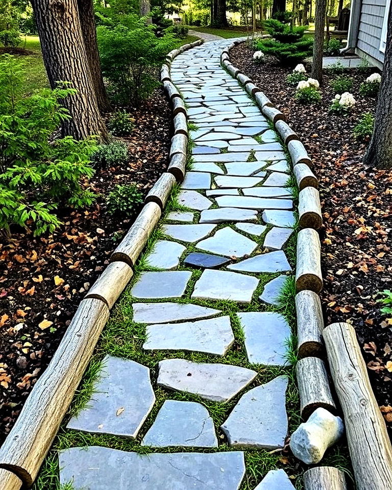 rustic flagstone walkway with log edges