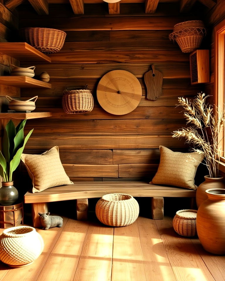 rustic meditation space with rustic wooden decor