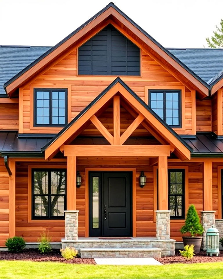 rustic natural wood exterior with black roof