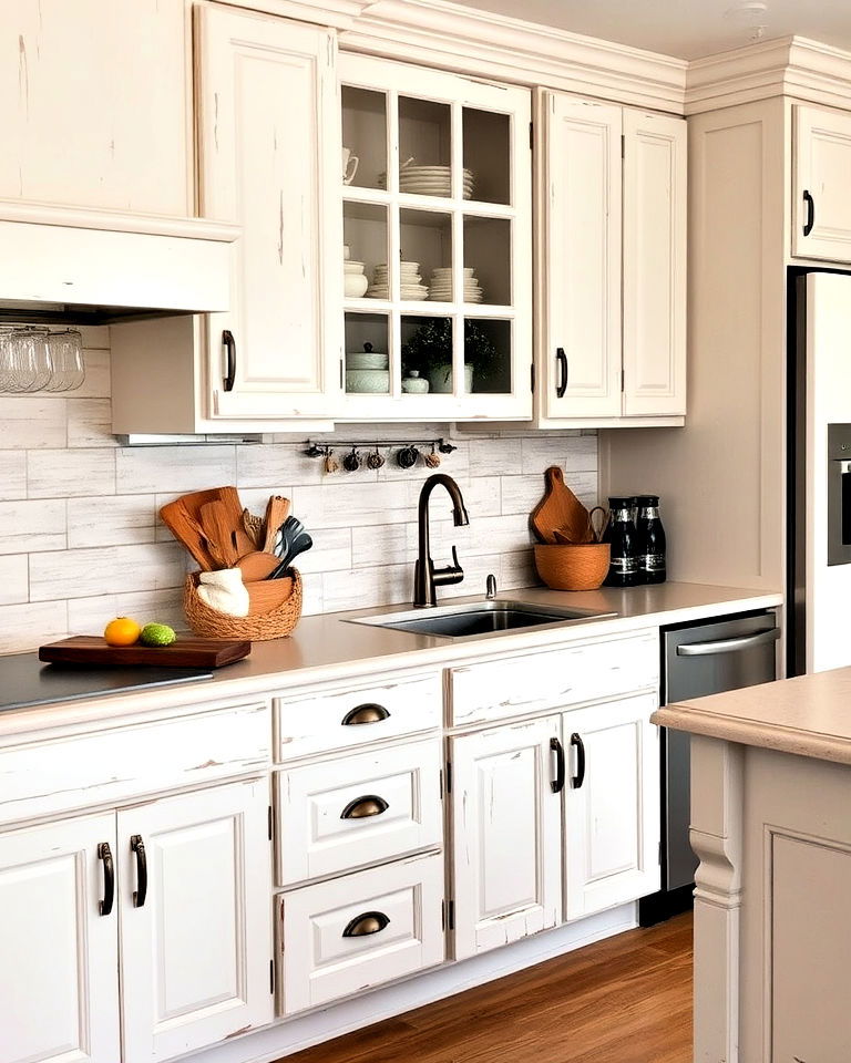 rustic off white distressed kitchen cabinets