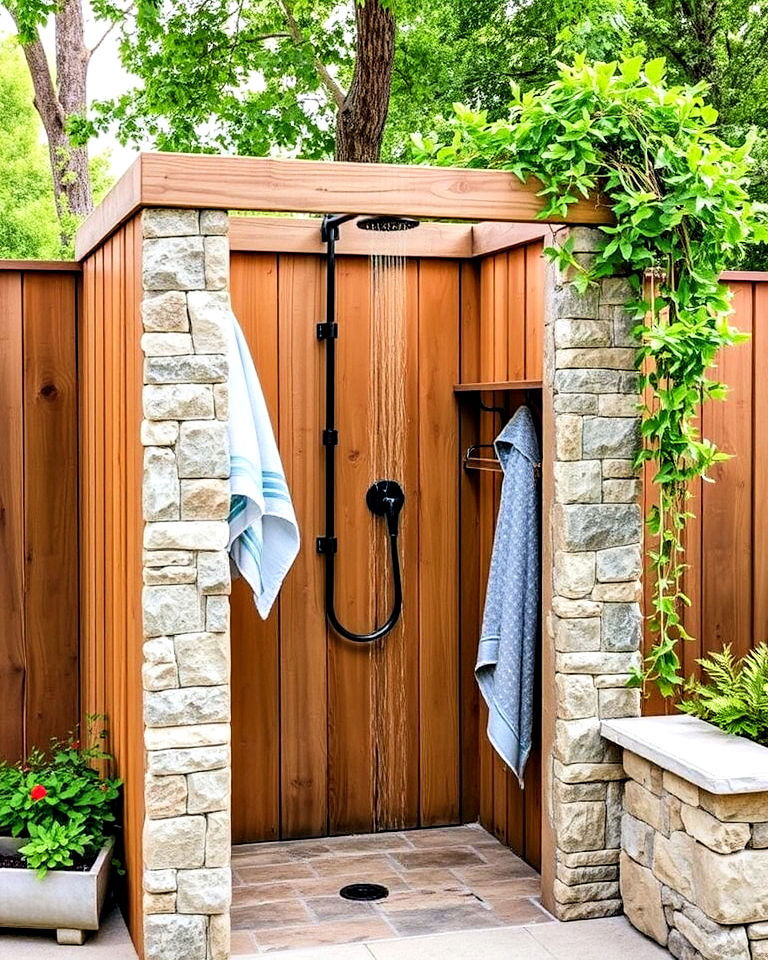 rustic outdoor pool house shower