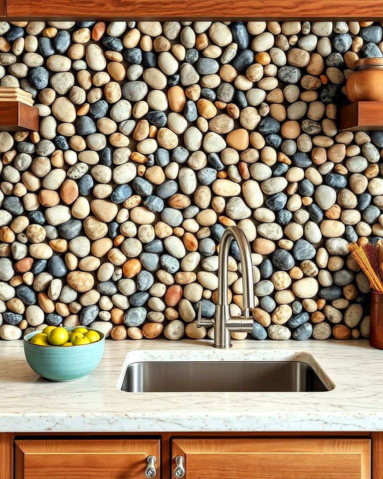 rustic pebble backsplash