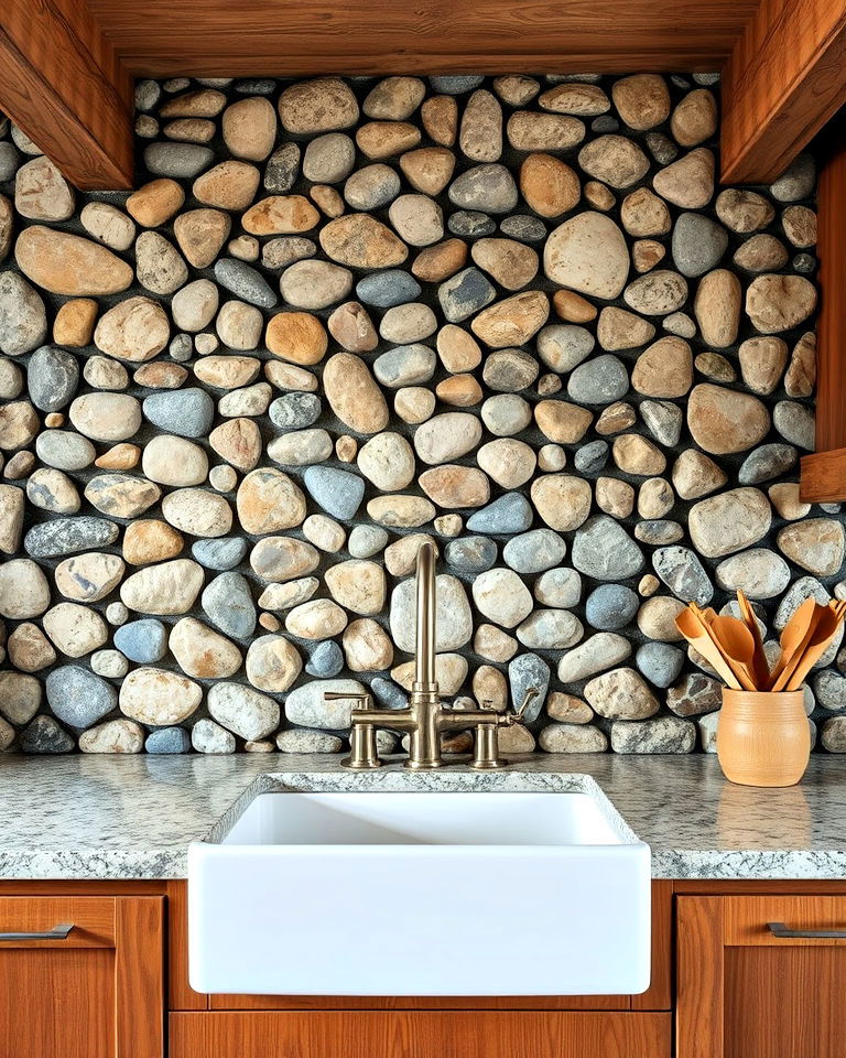 rustic river rock backsplash