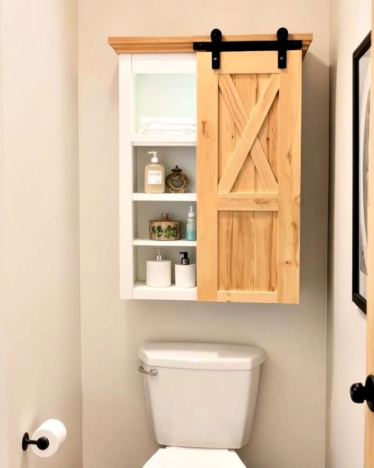 rustic sliding barn door cabinet above the toilet
