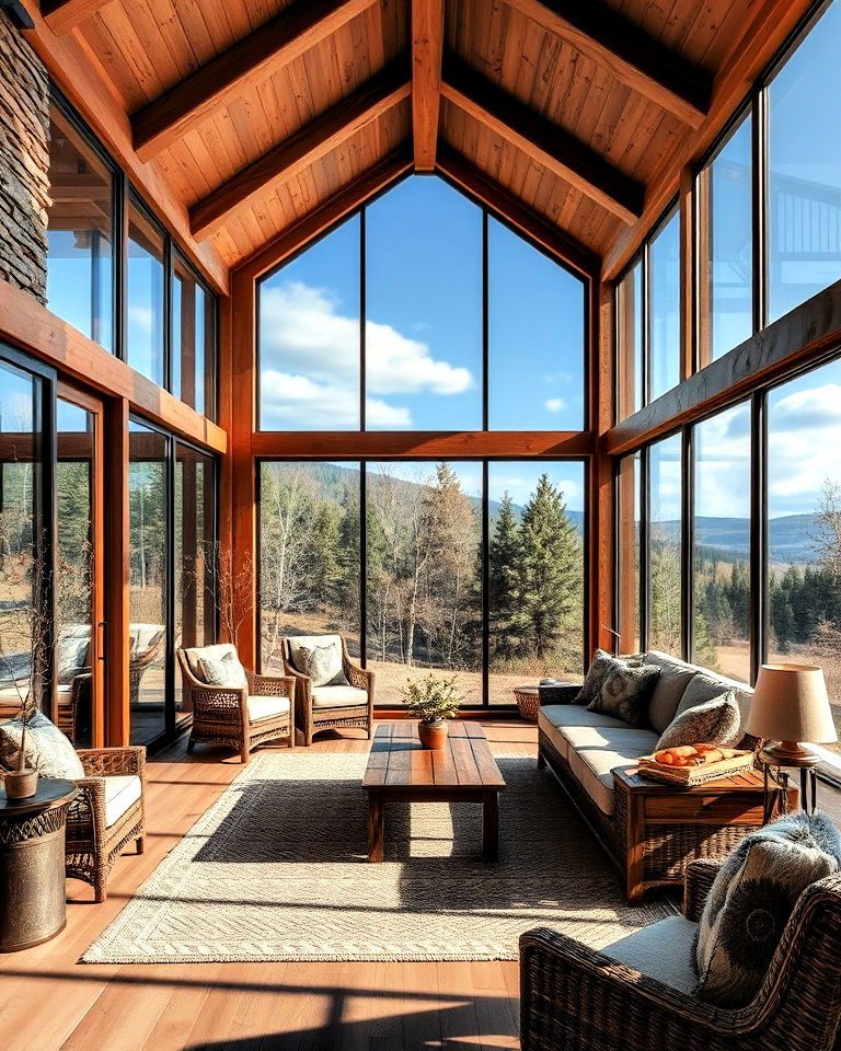 rustic sunroom glass walls