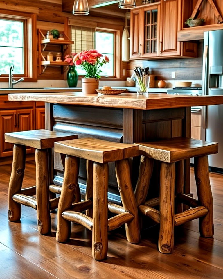 rustic wood stools for cozy kitchen seating