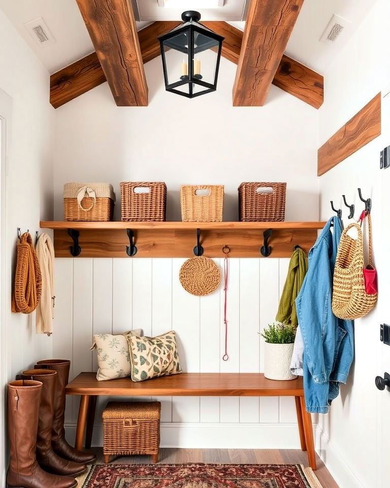 rustic wooden beams boot room