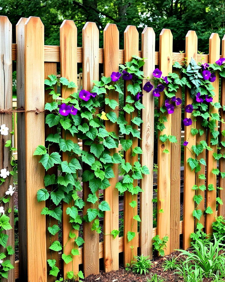 rustic wooden fence with climbing vines