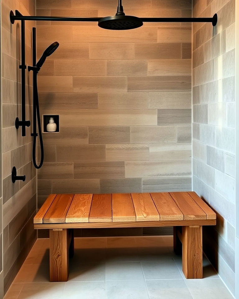 rustic wooden shower bench
