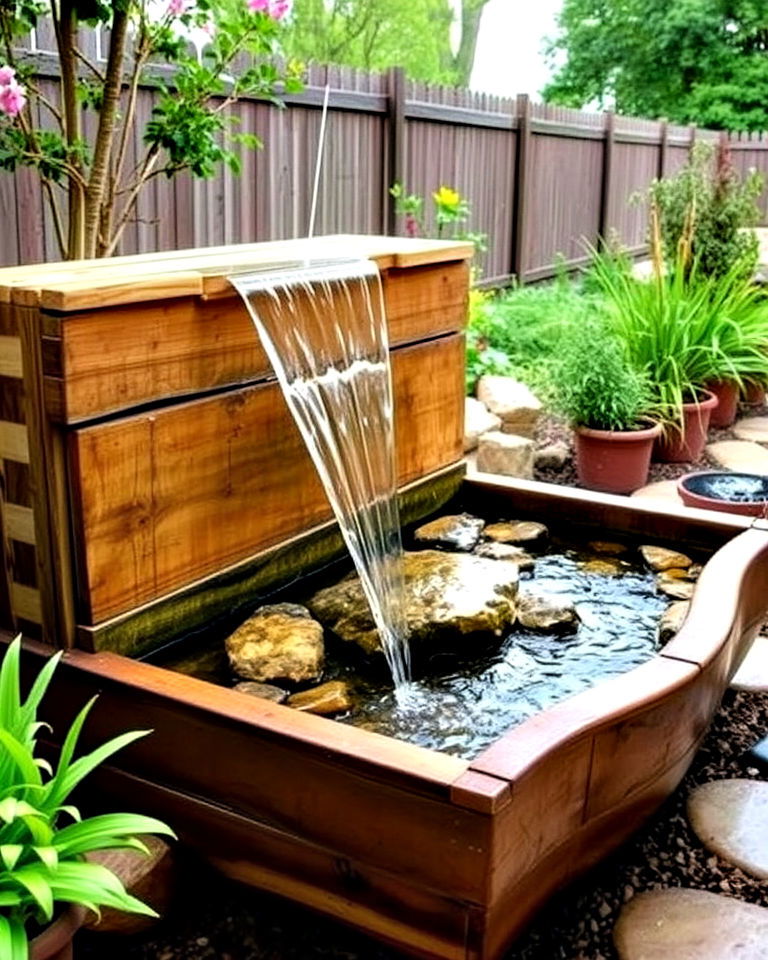 rustic wooden trough waterfall