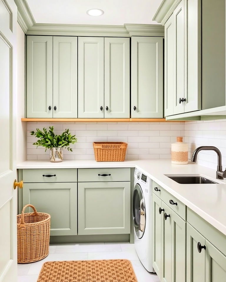 sage green cabinets for laundry room