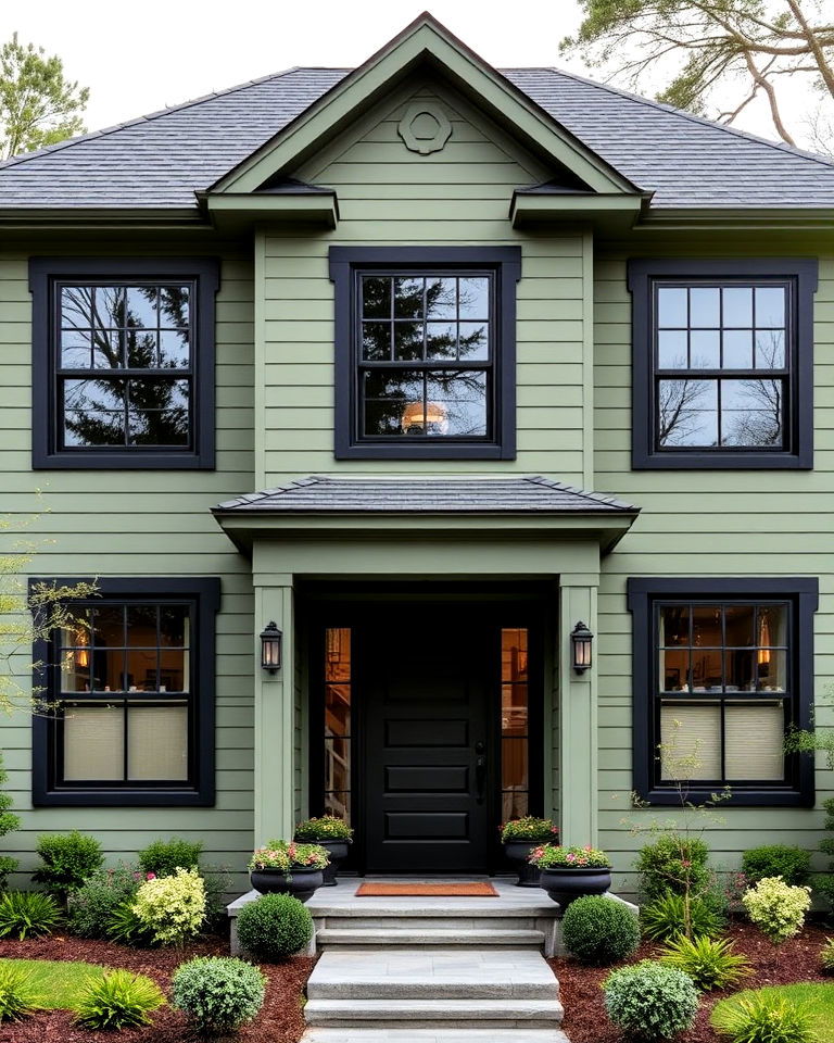 sage green exterior with black window frames