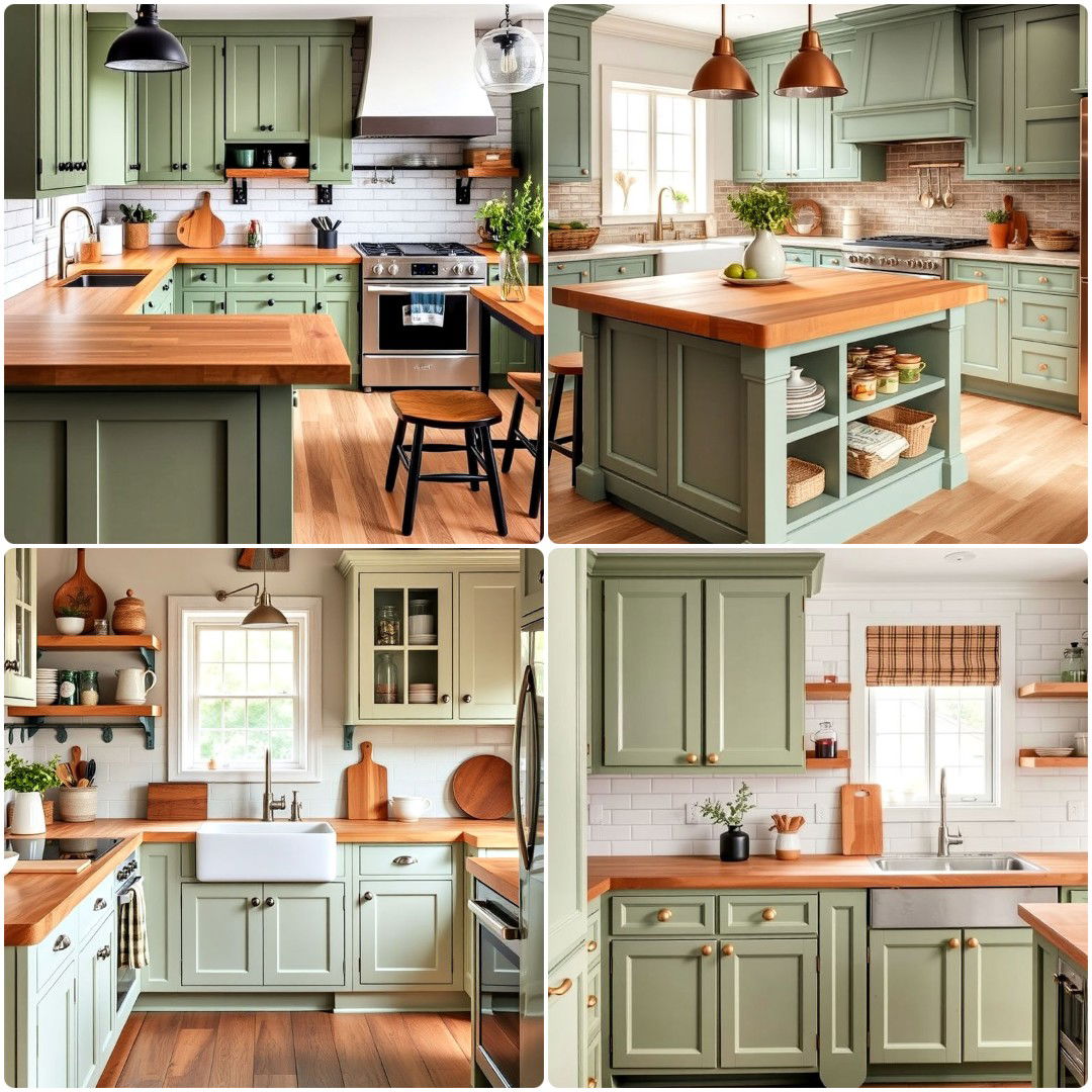 sage green kitchen cabinets with butcher block countertops