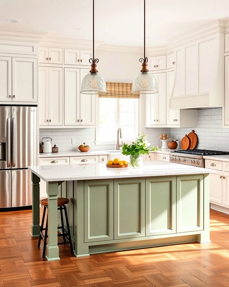 sage green kitchen island to add charm