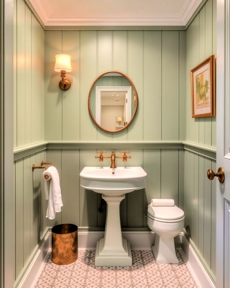 sage green powder room paneling with vintage fixtures