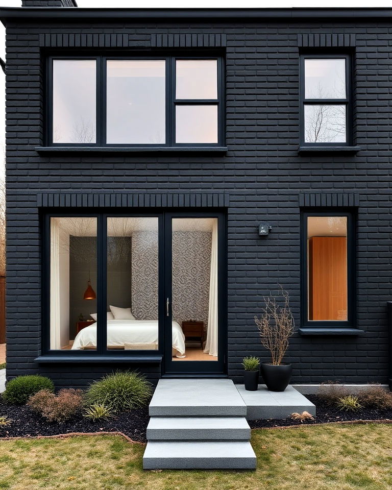 scandinavian inspired black brick exterior house