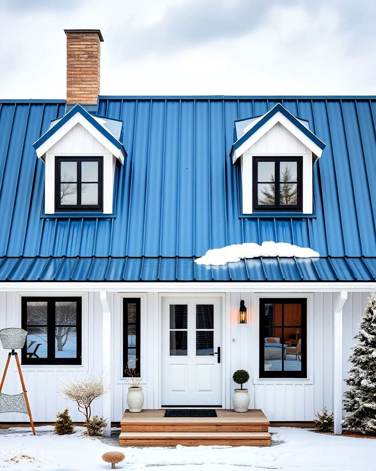 scandinavian inspired home with blue metal roof
