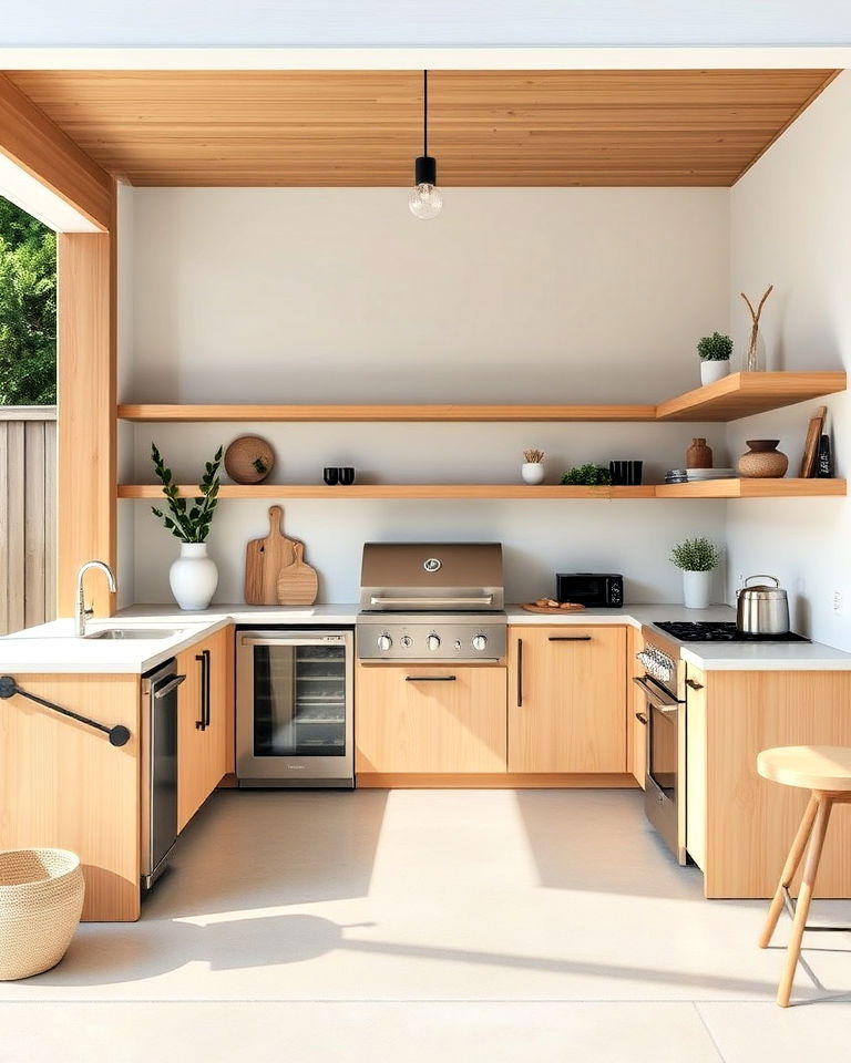 scandinavian inspired kitchen with light wood and steel