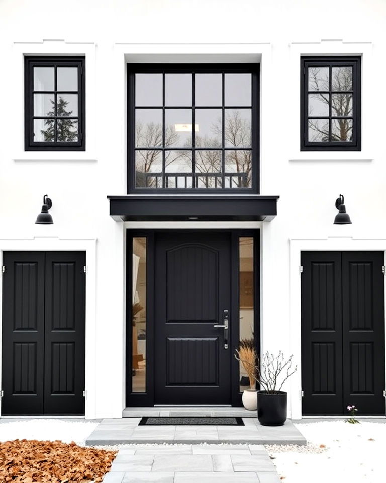 scandinavian inspired white house with black door