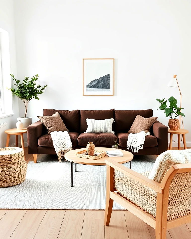 scandinavian living room with brown couch