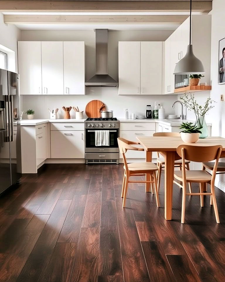 scandinavian style kitchen with dark wood floor