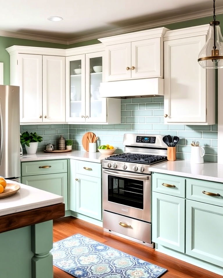 seafoam green lower cabinets for kitchen