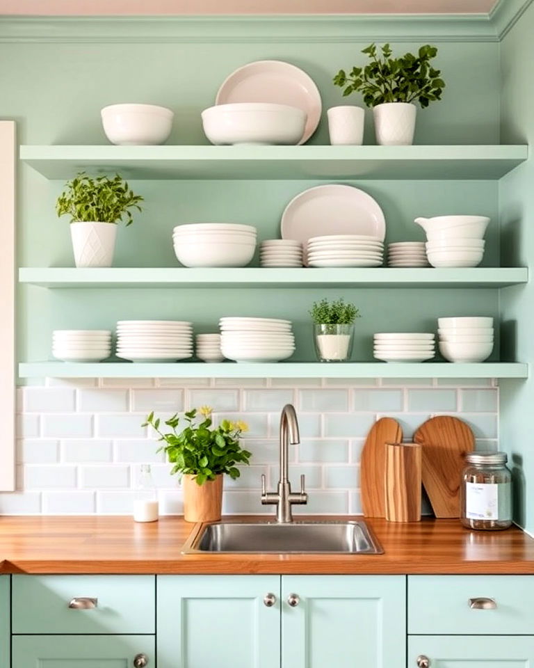 seafoam green open shelving for small kitchen