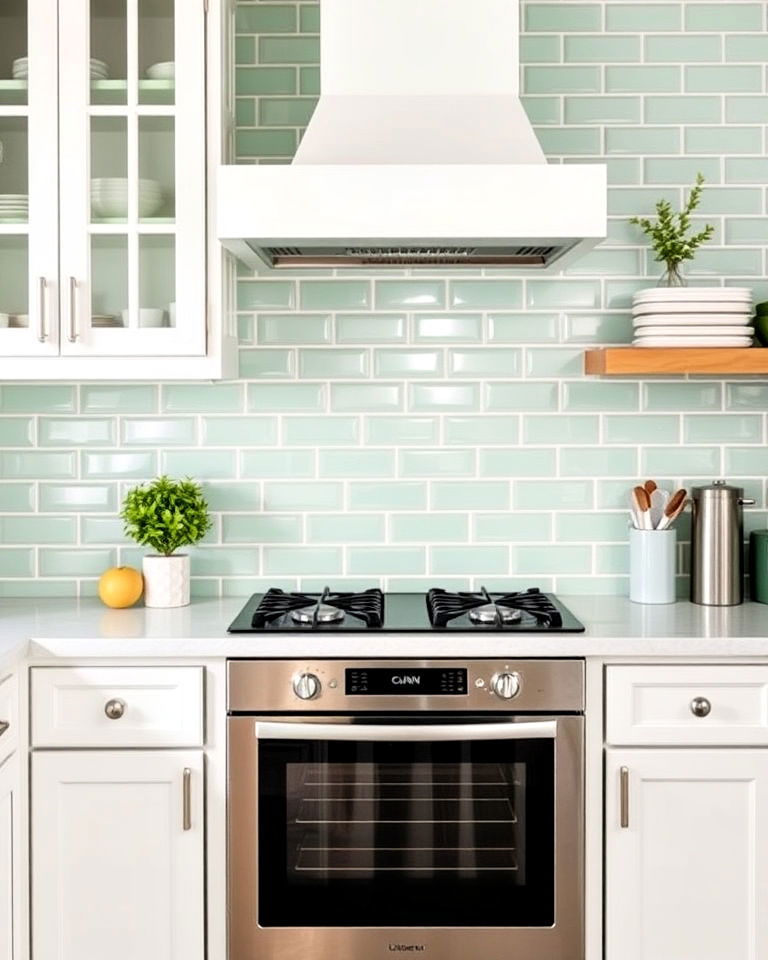 seafoam green subway tile backsplash for kitchen