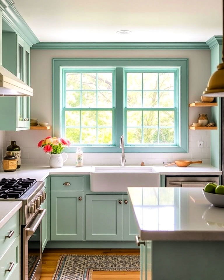 seafoam green window frames for kitchen