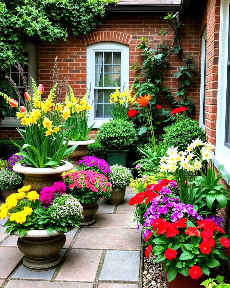 seasonal flower display in courtyard garden