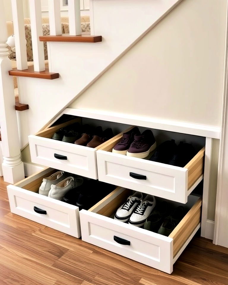 shoe storage drawers under the stairs