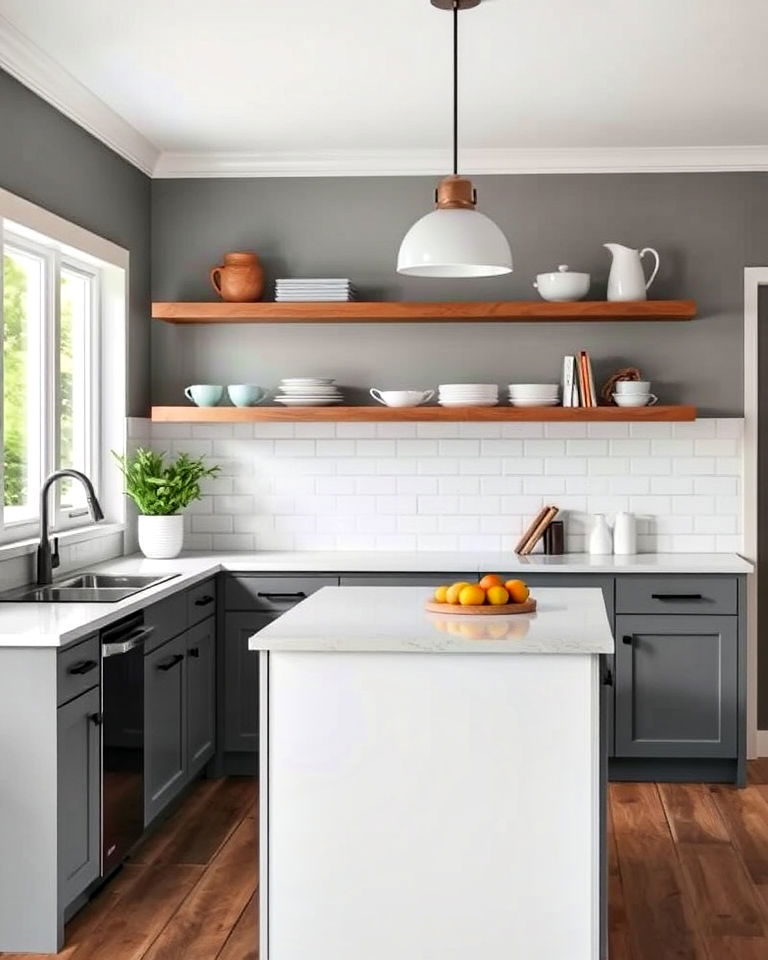 simple white countertops with grey painted kitchen walls