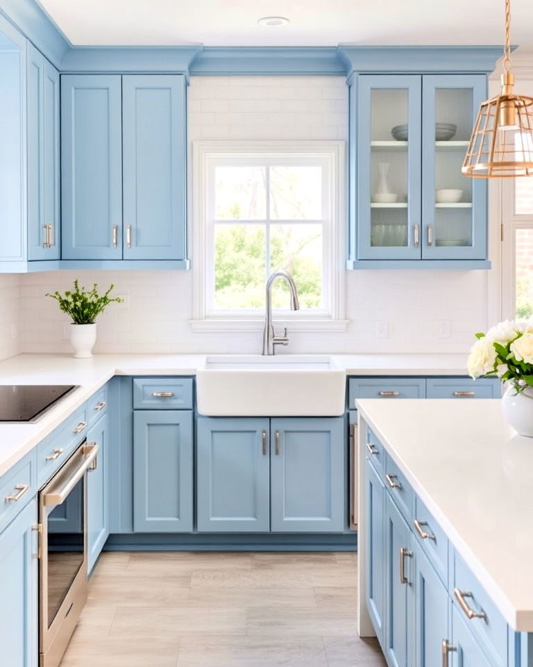 sky blue kitchen cabinets with white countertops