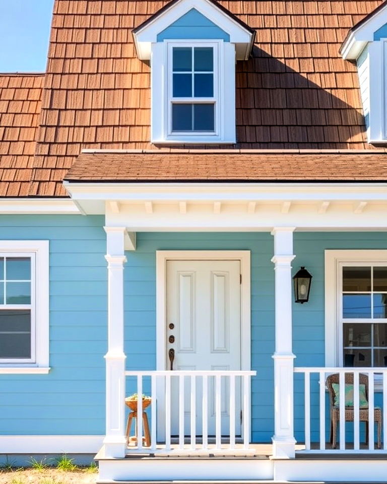 sky blue panels with weathered brown roof