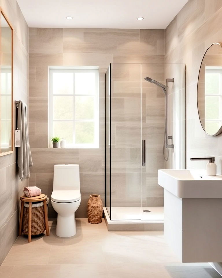 sleek and contemporary greige bathroom tiles