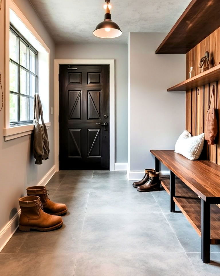 sleek and industrial concrete mudroom flooring
