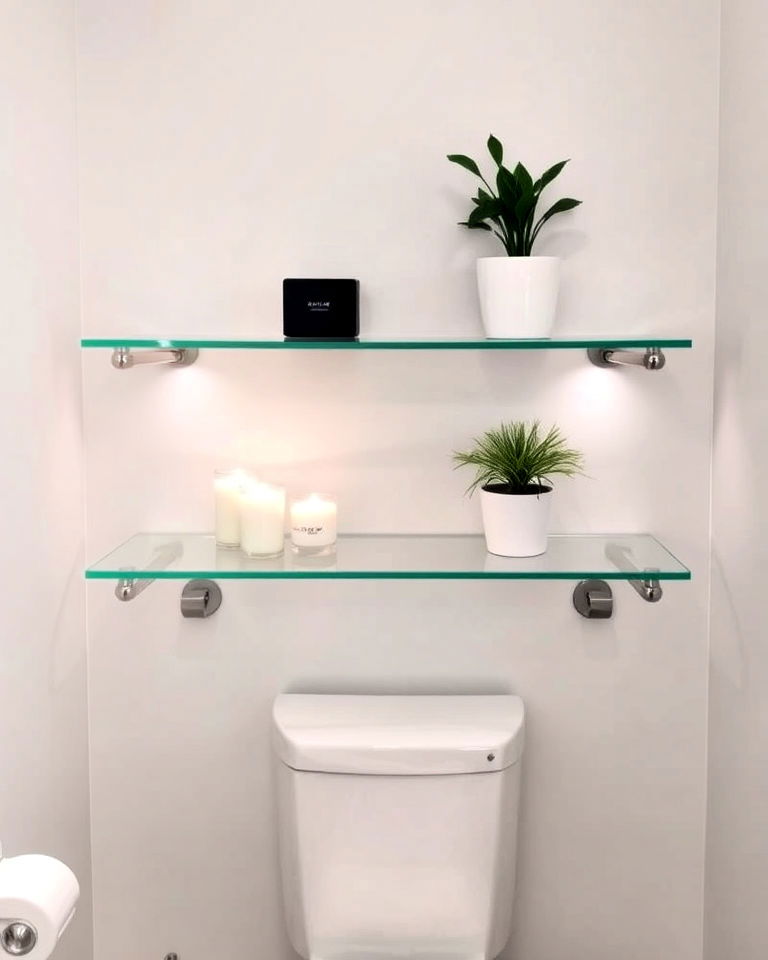 sleek floating glass shelves above the toilet