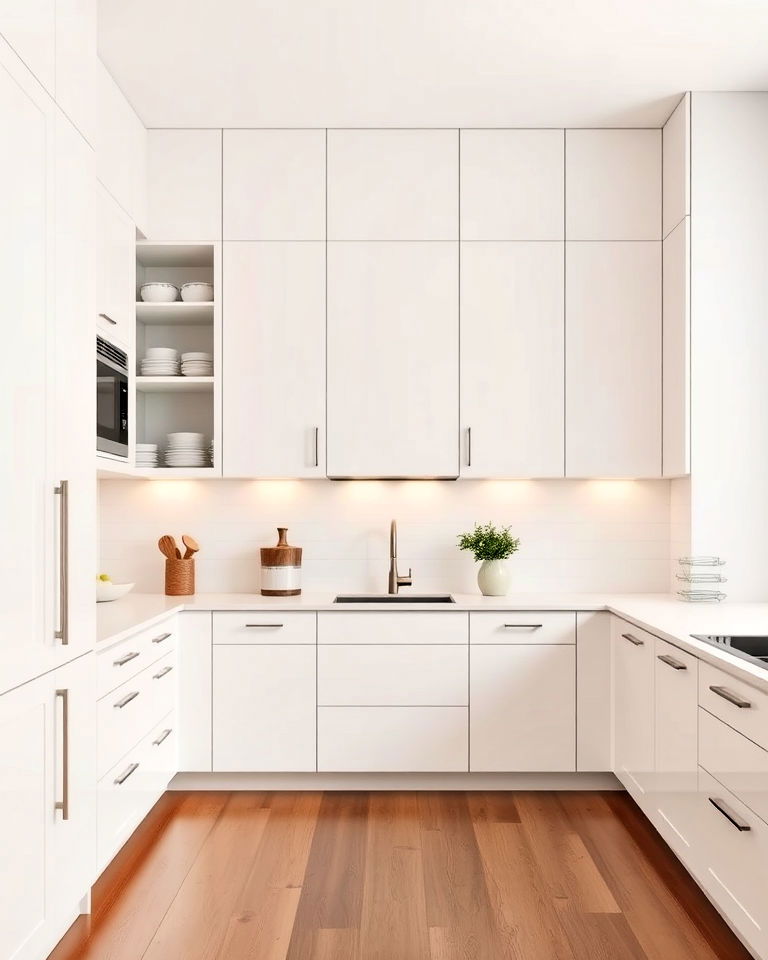 sleek floor to ceiling off white kitchen cabinets