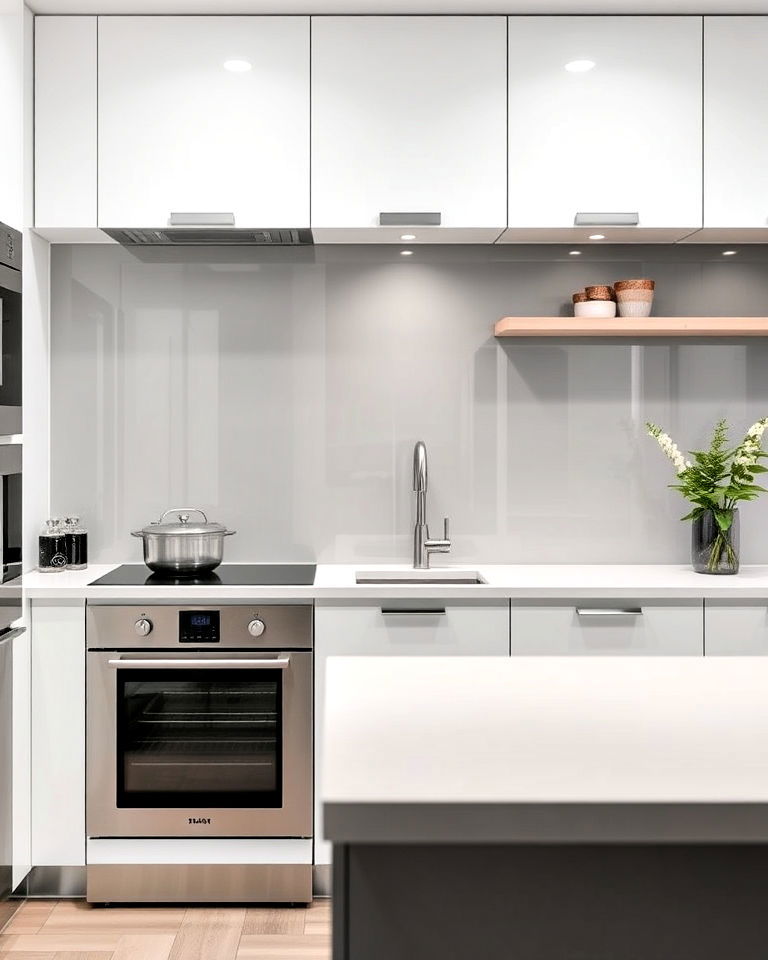 sleek grey glass backsplash with white kitchen cabinets