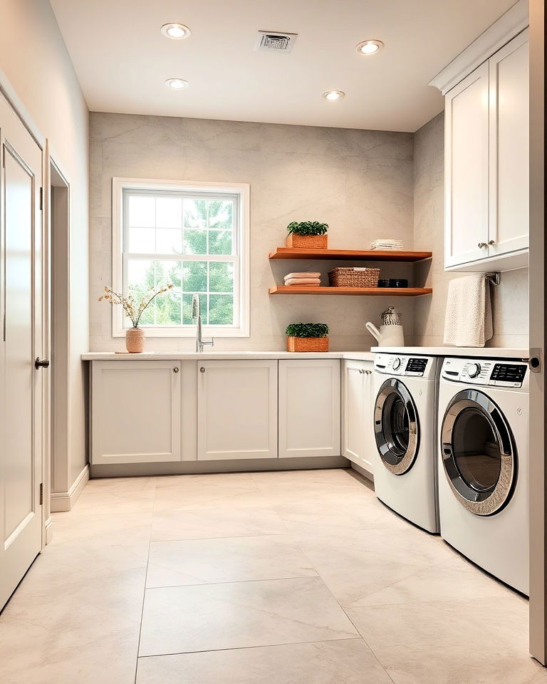 sleek large format tiles laundry room floor