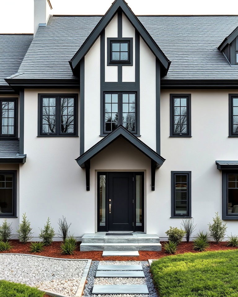 sleek monochromatic gray tudor exterior