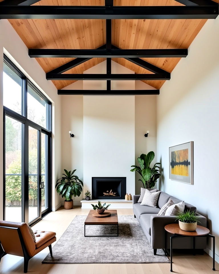 sleek vaulted ceiling with metal beams
