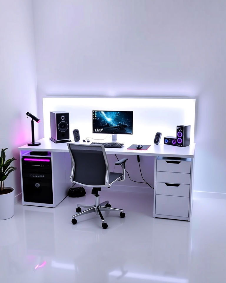 sleek white desk with led backlighting