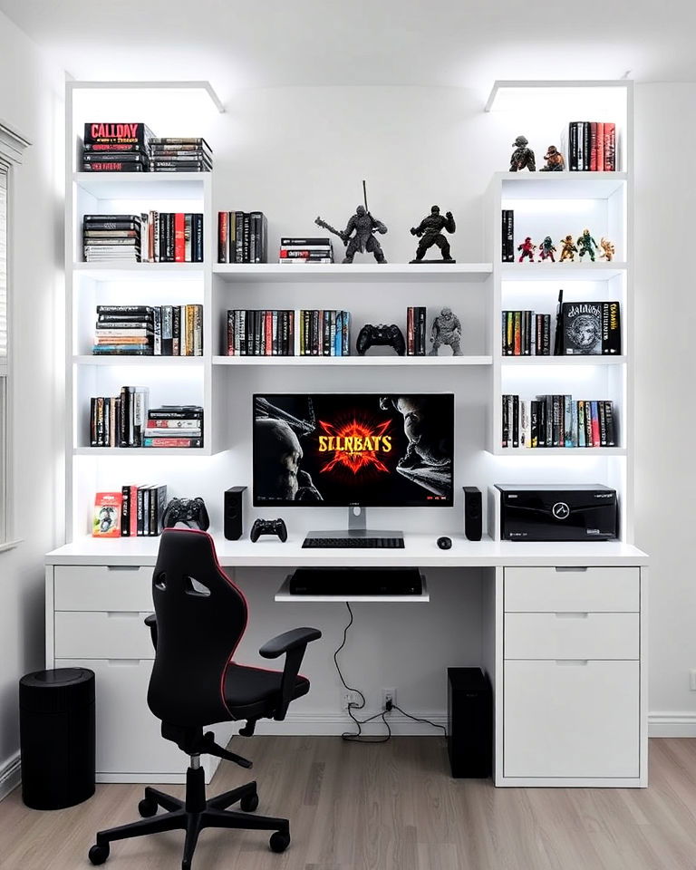 sleek white shelving units