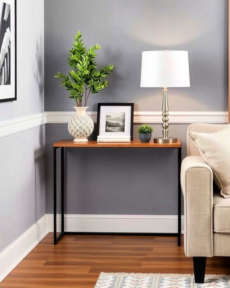 slim console table behind the sofa