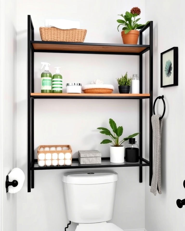 slim open framework storage unit above the toilet