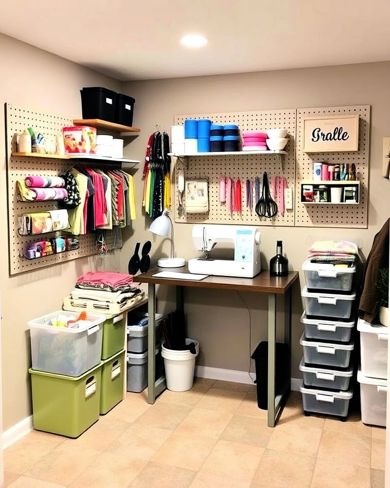 small basement sewing or crafting nook