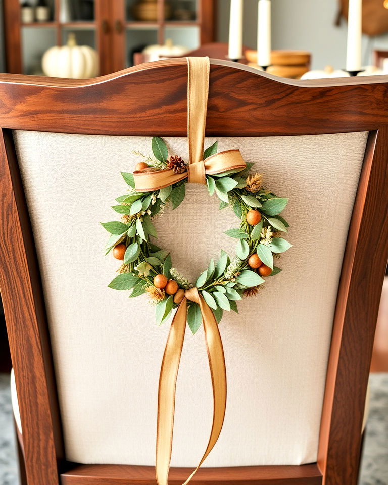 small fall wreath on the back of a dining chair