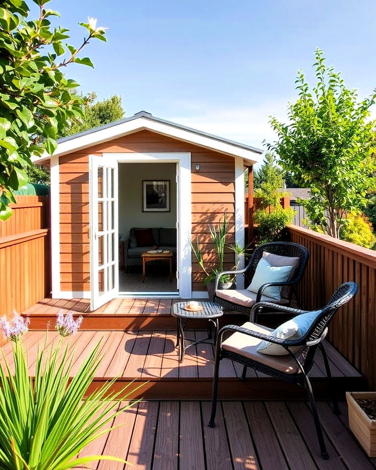 small garden office with deck